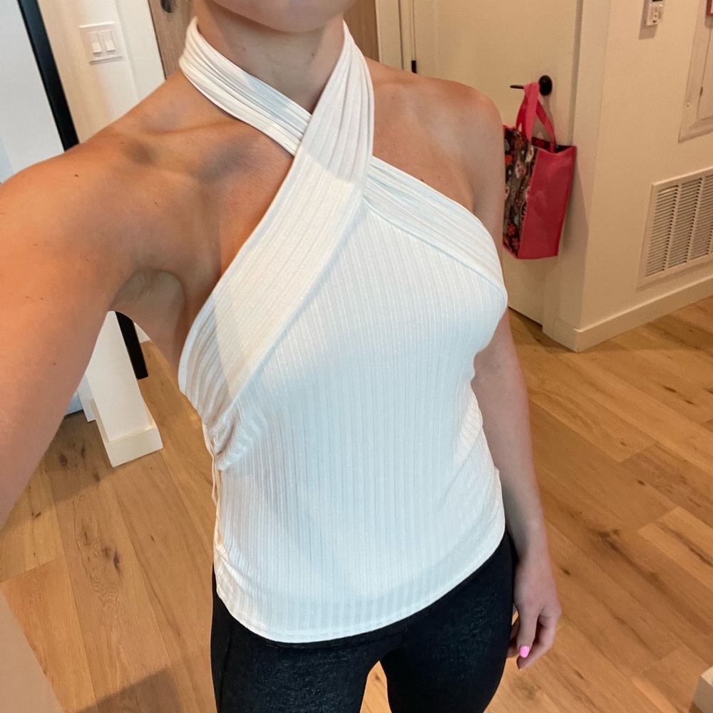 Cross neck, low back, white halter top